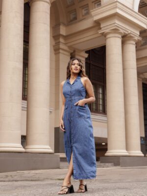 FRONT SLIT BUTTON DOWN HALTER MIDI DRESS