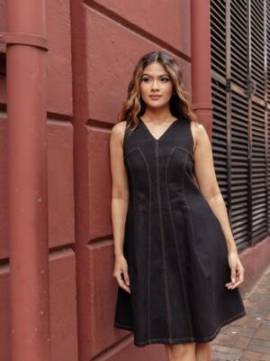 V-NECK BLACK DENIM DRESS