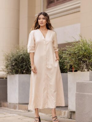FRONT BUTTON OPEN LINEN MAXI DRESS