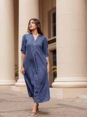 CENTER PLEAT A-LINE CHAMBRAY LONG DRESS