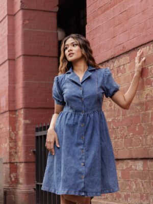 COLLARED BUTTON DOWN DENIM SHORT DRESS