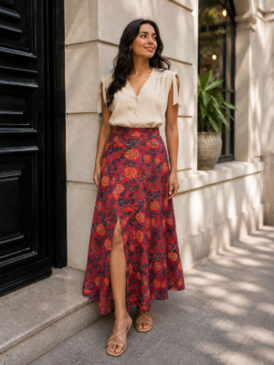 LEAF PRINTED SIDE SLIT OPEN MAXI SKIRT