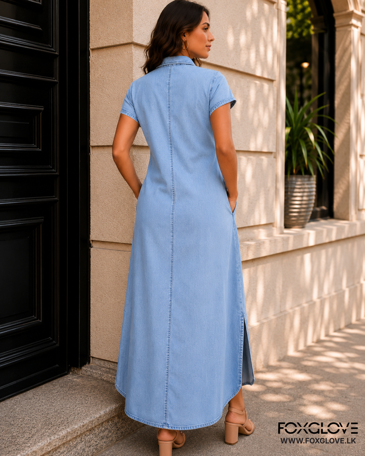 chambray maxi shirt dress SIDE OPEN CHAMBRAY MAXI SHIRT DRESS
