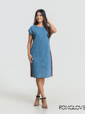 LIANA V-NECK TRICOLOR TAPE DETAILS DENIM DRESS
