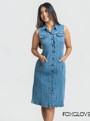 SEAMED SLEEVELESS DENIM MIDI SHIRT DRESS